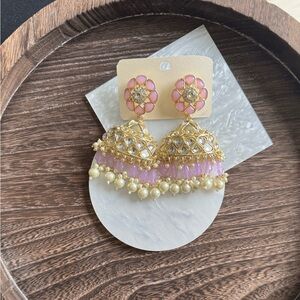 Elegant Pink and Gold Jhumka Earrings - Bollywood Partywear - Indian Party Wear